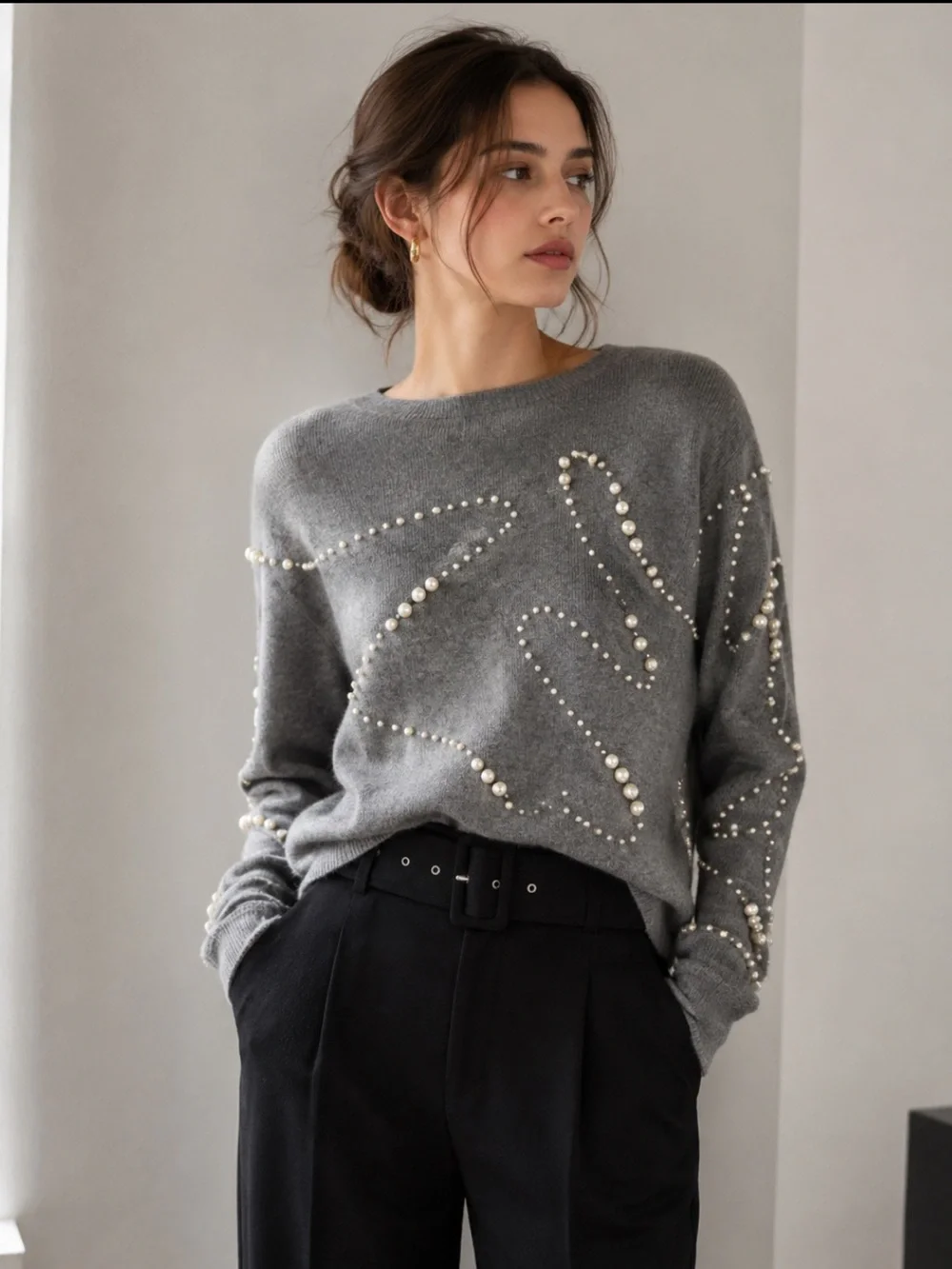 Zara Gray Pearl Embellished lightweight knit